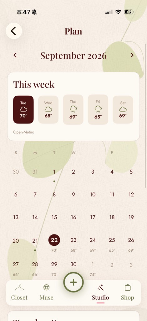 The Plan calendar in Heirloom Closet